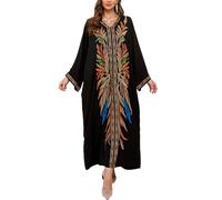 L-Peach Kaftani turchi con spacco laterale ricamato, camicia da notte spaziosa, caftano da spiaggia, copricostume da bagno, A1 Nero 14, Etichettalia unica
