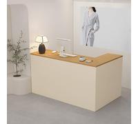 L-shaped Reception Desk, with Storage Drawers, & Open Shelves,Suitable for salons, offices, lobbies, retail stores(Wood+beige left,160cm)