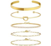 L0famy Set di braccialetti da donna in oro 14 carati, braccialetti alla moda impilabili, set di braccialetti a catena a polsino aperto, impermeabili, regolabili, placcati in oro, confezione da 5 pezzi