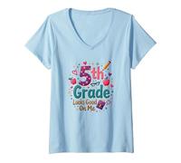 La 5a Classe Mi Sta Bene, Ragazza del Primo Giorno di Scuola Maglietta con Collo a V, Donna, Celeste, L