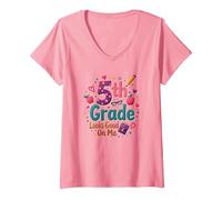 La 5a Classe Mi Sta Bene, Ragazza del Primo Giorno di Scuola Maglietta con Collo a V, Donna, Rosa, L