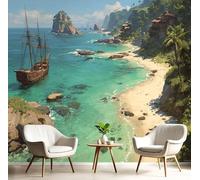 La Baia Dei Pirati Carta Da Parati Paesaggio Fantastico 3D Murale Carta Parati Decorazioni, Tessuto Di Seta, Durevole, Azzurro 350×256Cmadatto Per La Decorazione Soggiorno Bagno