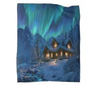 La baita è immersa tra le montagne innevate Coperta Da Campeggio Esterna Stampata Calda,morbida E Traspirante Aurora boreale Copriletto Per Camera Da Letto Quattro Stagioni 60x80inch(150x200cm)