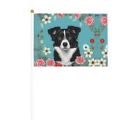 La bandiera tenuta in mano, i fiori del collie del confine stampano le bandiere del poliestere con il palo di plastica per gli eventi e la decorazione