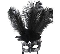 La bella vita Donna Nero e Argento Veneziano Mascherata Maschera di Carnevale Palla Occhio con Piume Lunghe