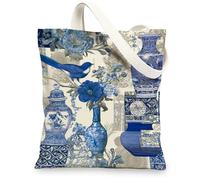 La borsa di totalizzatore floreale della tela, borse della spesa riutilizzabili d'annata, la tracolla blu leggera totalizza 13x15 pollici