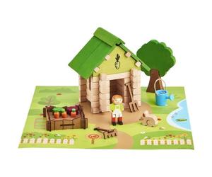 La Cabane del Giardiniere 60 Pezzi - Gioco di Costruzione in Legno Naturale, Tappeto e Accessori Inclusi, 22x18,5x8,5 cm - Nouvo