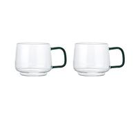La Cafetière, Set di 2 tazze in vetro borosilicato resistente al calore con manico in vetro verde, eleganti, per tè, caffè, cioccolata calda, impilabili, lavabili in lavastoviglie, 275 ml