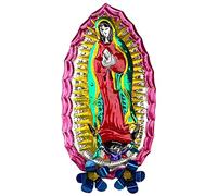 La Casa di Frida - Vergine di Guadalupe con Fiori, Artigianato Messicano in Metallo, da Appendere, 20,5 x 10,5 x 3 cm