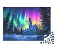 La chiesa è immersa nel paesaggio innevato Puzzle 1000Pcs Aurora boreale Decorazione Per La Casa. Rilassamento E Intelligence Per Adulti E Bambini Da 14 Anni 1000pcs (75x50cm)