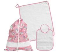 La Chiocciolina Set Asilo da Ricamare a Punto Croce, 3 Pezzi - Sacchetto, Salvietta e Bavaglia in Spugna Bianca con Tela Aida (976 Palun Rosa)