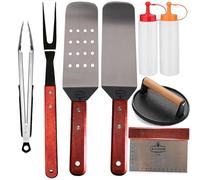 La Cuisine - Kit di 8 accessori per barbecue con coperchio piatto, spatole solide e perforate, forchetta, pinza, pressa per carne in ghisa, bottiglie per condimenti, per grigliare hibachi e teppanyaki