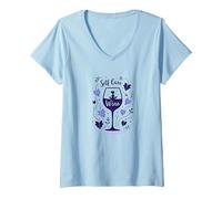 La Cura di sé è Vino: Zen Wine Lover Autunno Maglietta con Collo a V, Donna, Celeste, S