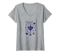 La Cura di sé è Vino: Zen Wine Lover Autunno Maglietta con Collo a V, Donna, Grigio Melange, S