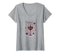 La Cura di sé è Vino: Zen Wine Lover Autunno Maglietta con Collo a V, Donna, Grigio Melange, S