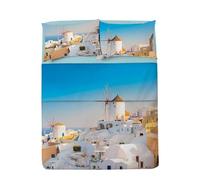 LA DOLCE CASA | Completo Letto Matrimoniale con Stampa, 100% Cotone, Set Lenzuolo Angoli, Lenzuolo Piano e Coppia Federe, Stampa Fotografica Santorini