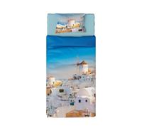 LA DOLCE CASA | Completo Letto Una Piazza e Mezza con Stampa, 100% Cotone, Set Lenzuolo Angoli, Lenzuolo Piano e 1 Federa, Stampa Fotografica Santorini