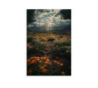 La luce del sole attraversa le nuvole scure, illuminando una croce solitaria al centro di una valle bruciata, circondata da fiori in fiore. Decorazione murale da appendere poster artistica decorativa