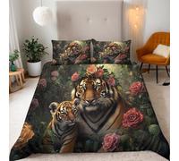 La MadreIl Cucciolo Di Tigre Dipendono L'uno Dall'altro Copripiumino Singolo 135X200(2 Federa 50x80) Circondato Da Rose Set Copripiumino 3D Microfibra Ultra Angoli FissiCerniera Morbido LeggeroFacile