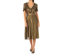 La Martina - Abito midi marrone a maniche corte con volant e applicazioni di pietre preziose - - Dresses - Donna - Marrone - S