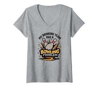 La mia Squadra di Bere ha Un Problema di Bowling Divertente Umorismo Sportivo Maglietta con Collo a V, Donna, Grigio Melange, XL