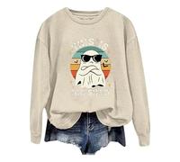 La moda di Halloween da donna presenta una stampa fantasma su una felpa con cappuccio a maniche lunghe con scollo rotondo. Maglione grigio, beige., XXL