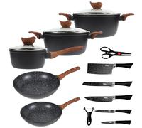 La Moustache - Batteria di Pentole e Padelle in Alluminio con Antiaderente | 8 Pezzi Callao + 5 Coltelli in Acciaio Inossidabile con Pelapatate e Forbici per Tutte le Cucine, Inclusa l’Induzione