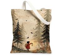 La natura ha ispirato le borse di totalizzatore della tela d'annata, borse riutilizzabili della drogheria di scena artistica della foresta, tracolla lavabile leggera, Beige, 13x15 Inch