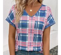 La nuova t-shirt di moda e casual per la primavera e l'estate con scollo a V a quadri blu in stampa digitale è un best seller L,M,S,XLStampa CasualeTessuto in maglia
