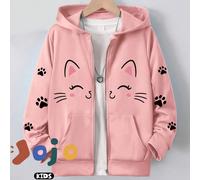 La parte anteriore è decorata con un semplice motivo a forma di testa di gattino rosa e le maniche sono stampate con impronte di zampe di gatto. Questa è una felpa con cappuccio e cerniera comoda, ver