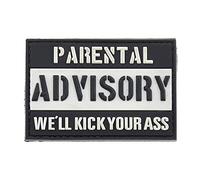 LA PATCHERIA Patch Parental Advisory We'll Kick Your Ass 7.5x5cm - Patch 100% Gomma con Velcro® originale Velcro® Brand Hook Cucito sul Retro per Decorare Giacche, Zaini, Uniformi