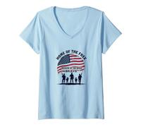 La Patria dei Liberi a Causa del Coraggioso Tributo Patriottico Maglietta con Collo a V, Donna, Celeste, XXL