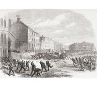La rivolta elettorale nella Grande Piazza del Mercato Nottingham, Inghilterra 1865. A causa dell'assenza di deterrenti, le rivolte elettorali sono aumentate nel corso dei secoli insieme a corruzione e