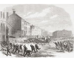 La rivolta elettorale nella Grande Piazza del Mercato Nottingham, Inghilterra 1865. A causa dell'assenza di deterrenti, le rivolte elettorali sono aumentate nel corso dei secoli insieme a corruzione e