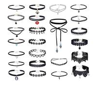 La Rose Elegante 24 Pezzi Chokers Collane Set PU Multistrato Con Pendente Campanellino Choker Pizzo Tatuaggio Per Tutte le Donne Tessuto, Senza Pietra, Tessuto, Senza pietra