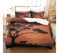 La silhouette di un albero africano, una leonessa e due cuccioli 3D Set Copripiumino Stampato,Biancheria Da Letto in Microfibra,3 Pieces Con Federe Per Adulti, Adolescenti, Bambino Double（200x200cm)