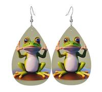 La simpatica rana che fa yoga Orecchini in pelle a forma di lacrima, set da 2, ganci per le orecchie placcati in argento 925, antiruggine, con tappi per le orecchie, adatti per feste, San Valentino, b