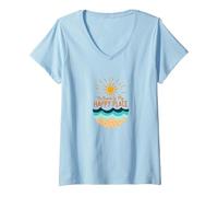 La Spiaggia è Il Mio Posto Felice Sole Onde Estate Maglietta con Collo a V, Donna, Celeste, XL