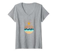 La Spiaggia è Il Mio Posto Felice Sole Onde Estate Maglietta con Collo a V, Donna, Grigio Melange, L