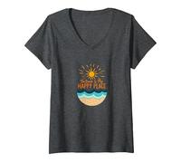 La Spiaggia è Il Mio Posto Felice Sole Onde Estate Maglietta con Collo a V, Donna, Grigio Scuro, S