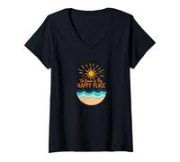 La Spiaggia è Il Mio Posto Felice Sole Onde Estate Maglietta con Collo a V, Donna, Nero, L
