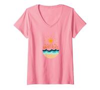 La Spiaggia è Il Mio Posto Felice Sole Onde Estate Maglietta con Collo a V, Donna, Rosa, L