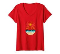 La Spiaggia è Il Mio Posto Felice Sole Onde Estate Maglietta con Collo a V, Donna, Rosso, L