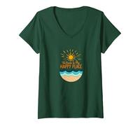 La Spiaggia è Il Mio Posto Felice Sole Onde Estate Maglietta con Collo a V, Donna, Verde Foresta, L