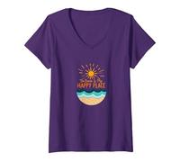 La Spiaggia è Il Mio Posto Felice Sole Onde Estate Maglietta con Collo a V, Donna, Viola, L