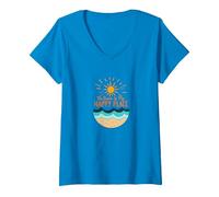 La Spiaggia è Il Mio Posto Felice Sole Onde Estate Maglietta con Collo a V, Donna, Zaffiro, L