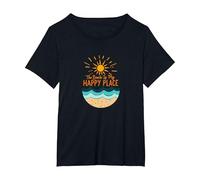 La Spiaggia è Il Mio Posto Felice Sole Onde Estate Maglietta, Donna Plus-Size, Nero, 5X