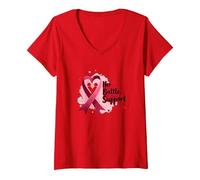 La Sua Battaglia, Il Nostro Sostegno - Consapevolezza del Cancro al Seno Maglietta con Collo a V, Donna, Rosso, XL