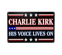 La sua voce continua a vivere Charlie Kirk, cartello in metallo, decorazione, giustizia per Charlie Kirk, dipinto in latta, arte murale, decorazione retrò, 12 x 8 pollici, cartelli in latta in metallo