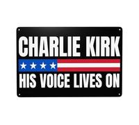 La sua voce continua a vivere Charlie Kirk, cartello in metallo, decorazione, giustizia per Charlie Kirk, dipinto in latta, arte murale, decorazione retrò, 12 x 8 pollici, cartelli in latta in metallo